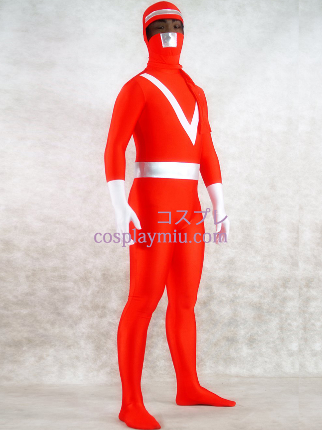 Red Lycra Spandex and Sliver Shiny Metallic Zentai Suit