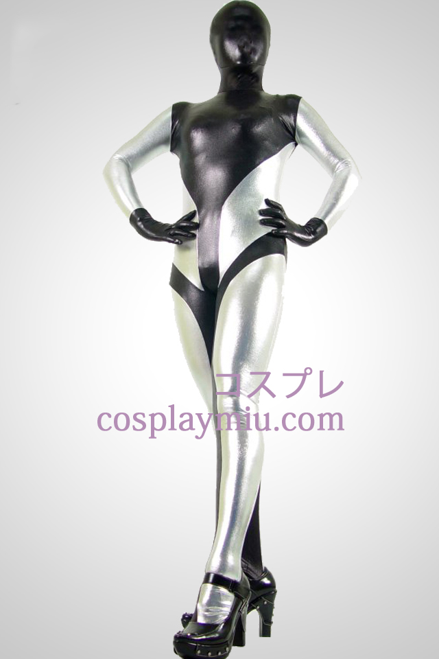 Black And Silver Shiny Metallic Zentai Suit