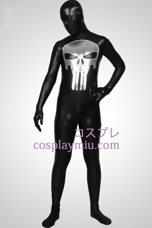 Black Shiny Metallic Punisher Pattern Zentai Suit